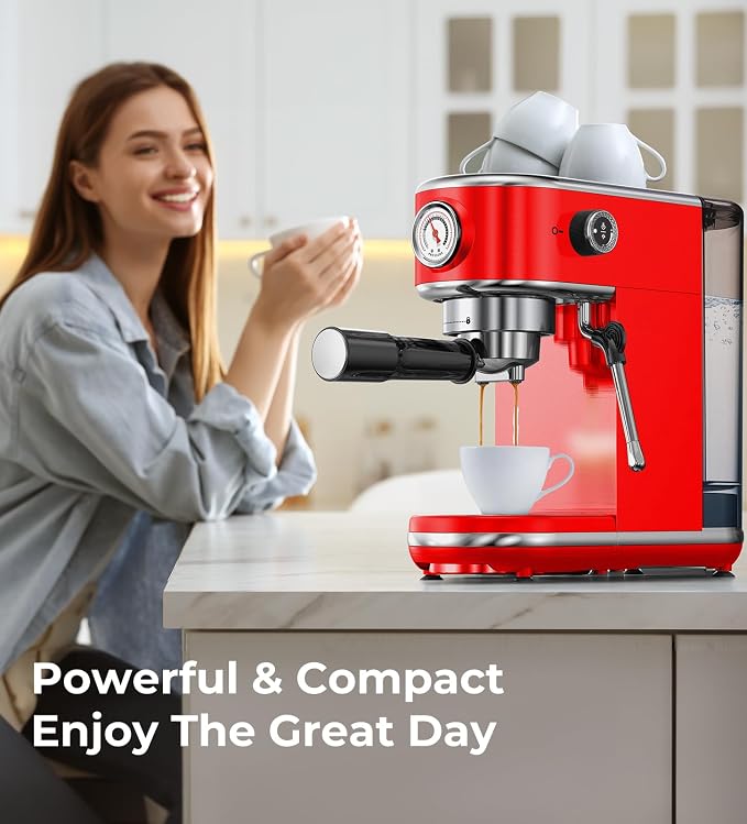 atatix 20 Bar Espresso Machine with Milk Frother, Compact Espresso Maker | Stainless Steel Coffee Machine with Precise Temp Control & 44oz Removable Water Tank for Latte, Cappuccino, Red