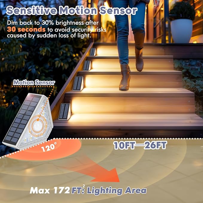 Motion Sensor Solar Step Lights for Outside, 4-Pack Outdoor Stair Lights Waterproof IP67, Solar Powered LED Outdoor Step Lights Decor for Yard Garden Porch Patio Pathway Deck, Warm White