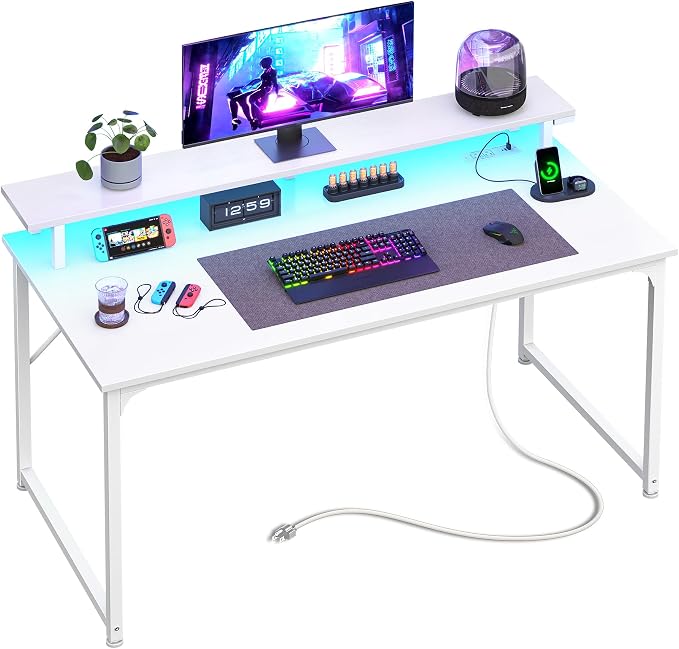 PRAISUN 40 inch Gaming Desk, LED & Power Outlets, Monitor Stand, White | Sturdy PC Desk for Home Office, Study & Work, LED Lights, 4 AC Outlets & USB-C Charging Station