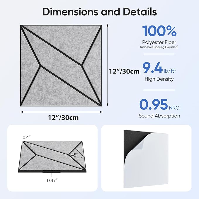 12 Pack 12" X 12" X 0.47" Acoustic Panels for Wall Sound Absorbing, Dual-Color P-Stripes Square Self-Adhesive Sound Panels, High Density Suitable for Multiple Scenarios(Black+SilverGray)