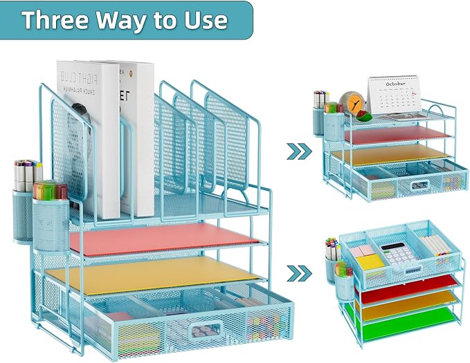 Marbrasse Desk Organizers, 4-Tier Mesh Desk File Organizer with 5 Vertical File Holders and 2 Pen Holders, Multifunction Desktop Organizer,Desk Organizers and Accessories for Home Office (Blue)