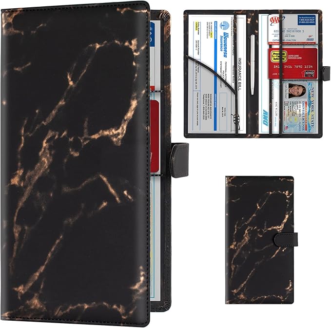 TOURSUIT Car Registration and Insurance Card Holder, Marble Black | Vehicle License Document Organizer, Glove Box Compartment, Interior Car Accessories, For Women Men