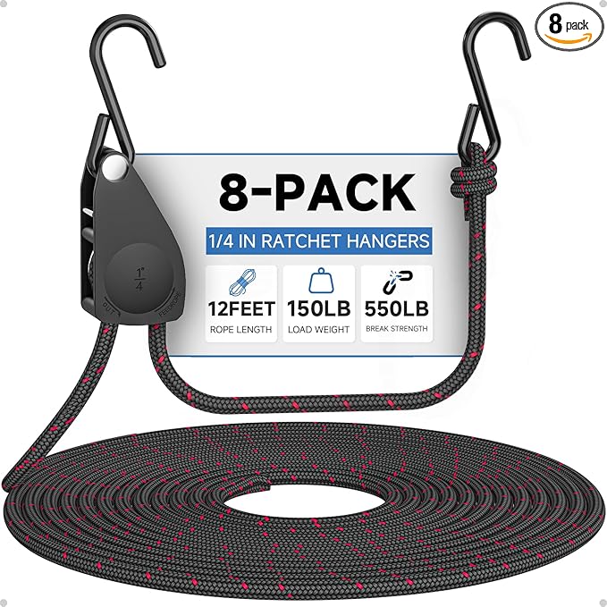 Fondwell 1/4" Tie Downs Ratchet Straps: 8 Pack of Heavy Duty Adjustable Rope Hangers for Various Hanging and Strapping