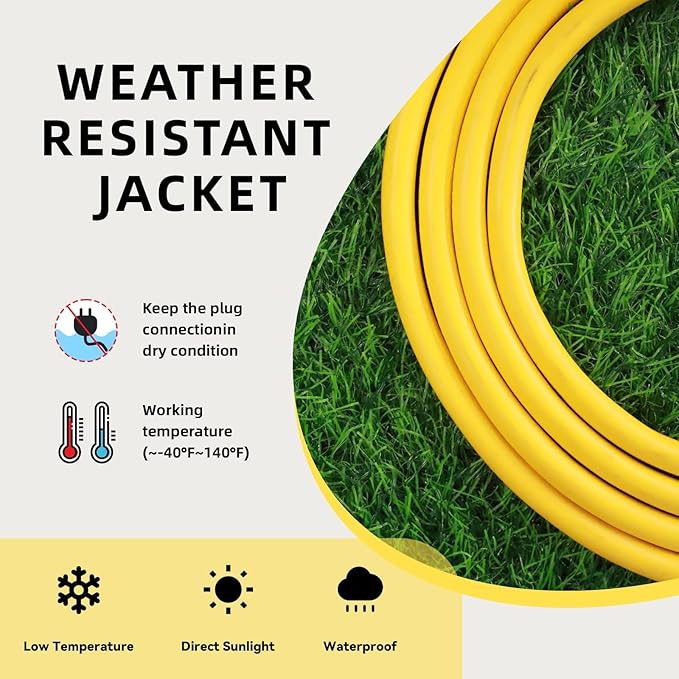 EP 12/3 3 FT Indoor Outdoor Yellow Extension Cord Waterproof, 12 Gauge 3 Prong Power Cord Flexible Resistant Appliance Extension Cable Electric Cable Outside, 15A 1875W 12AWG SJTW, ETL Listed