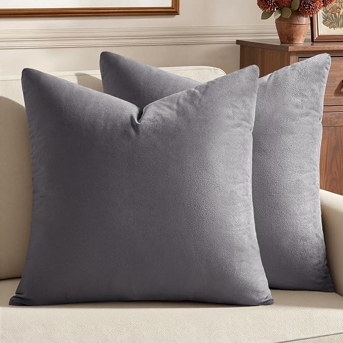 MIULEE 24x24 Inch Pack of 2 Euro Velvet Throw Pillow Covers Medium Gray | Soft Solid Decorative Euro Sham, Modern Luxury Home Decor, for King Bed Sofa Couch Bedroom Livingroom