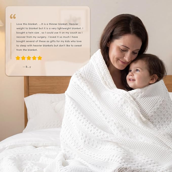 PHF 100% Cotton Waffle Weave Blanket Queen Size, Lightweight Breathable Summer Blanket for Hot Sleepers, Pre-Washed Soft Layer for Bed, Couch, Aesthetic Home Decor & Gift, 90"x90", White