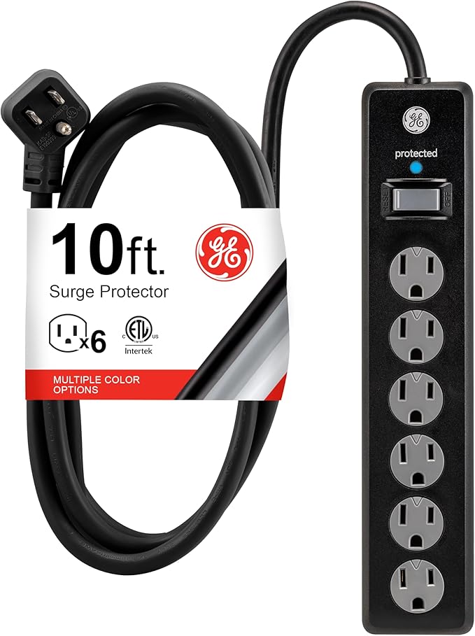 GE 6-Outlet Surge Protector, 10 Ft Extension Cord, Power Strip, 600 Joules, Twist-to-Close Safety Covers, Protected Indicator Light, ETL Listed, Black, 37442