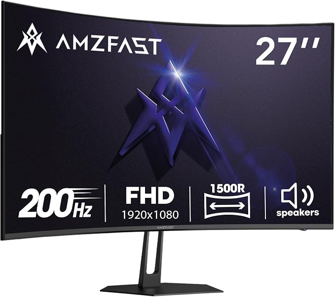 Amzfast 27 inch 200Hz Curved Gaming Monitor, FHD 1080p with Built-in Speakers, FreeSync, MPRT 1ms, 130% sRGB, 3000:1, 1500R, VESA Mount, HDMI 2.0&DP 1.4, 12 Months Warranty Exchange, AMZG27C1