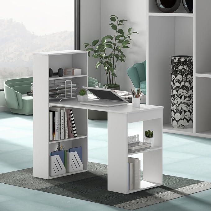 Giantex 48 Inch Computer Desk with Bookshelf, 3-in-1 Home Office Desk with 4-Tier Bookcase & CPU Stand, Space-Saving Reversible Writing Desk Work Table for Bedroom, Study Room, Office (White)