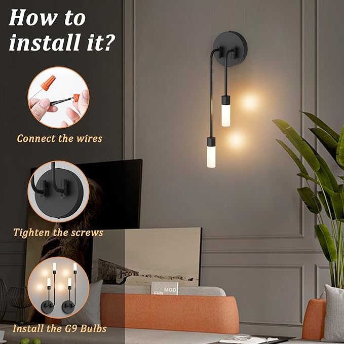 Tipace Black Modern LED Wall Sconce Hardwired Wall Lights Set of 2 Indoor Wall Mount Light with Glass Shade for Living Room Bedroom Hallway Corridor Conservatory Warm White 3000K(with G9 Bulbs)