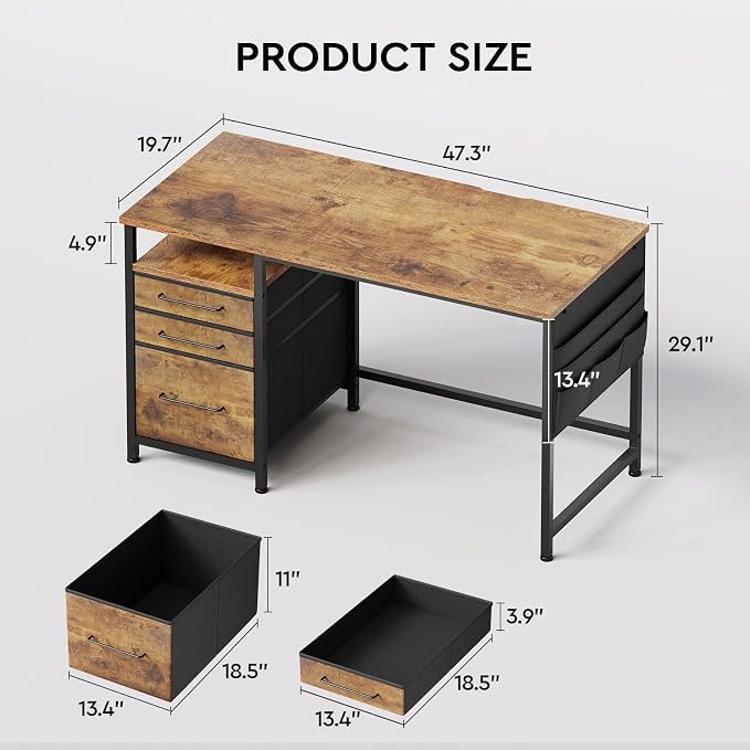 Maihail Small Desk with Drawers, Office Desk with Storage Shelves, Brown2 | 47 Inch Desktop, Metal Frame, 3 Fabric Drawers, Storage Shelves, Computer & Writing Desk, Office Gaming Workstation