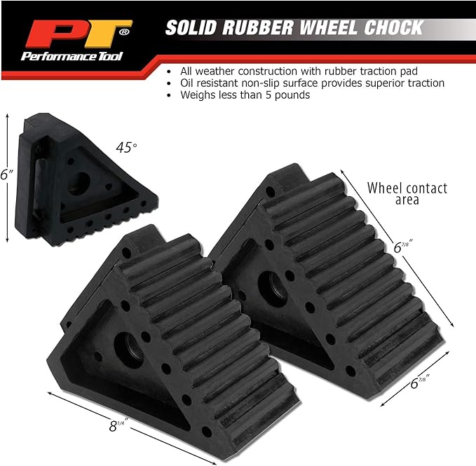 Performance Tool W41001 All Weather, Oil Resistant Solid Rubber Wheel Chock, Black (Pack of 2)