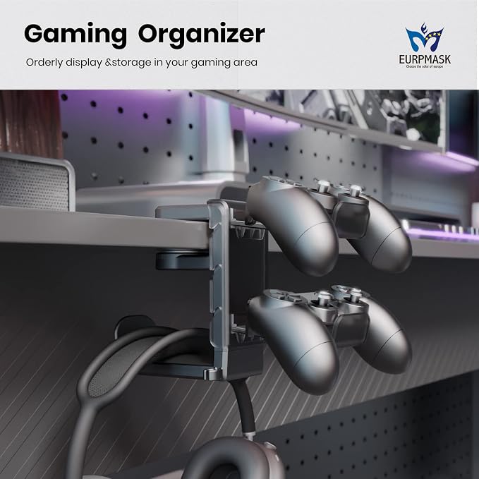 3-in-1 Headset&Controller Holder - EURPMASK Upgraded PC Gaming Headset Stand, Adjustable Clamp-on Headphone Holder,Headphone Controller Hook Under Desk w/ 360 Degree Swivel&Cable Clip Organizer-Black