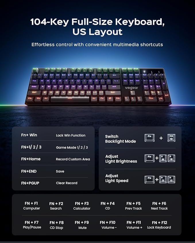 wegear Wired Mechanical Gaming Keyboard with Clicky Switch,104-Key, Black | Full Size, 11 Modes RGB Backlit, Anti-Ghosting, Double-Shot ABS Keycaps, Lighted Computer Key-Board for PC Windows