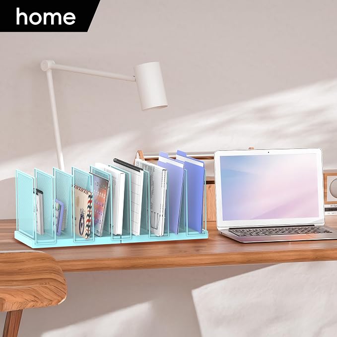 9-Section Desk File Organizer, Vertical File Holder, Mesh Desktop File Folder Metal File Organizer Stand for Office Home Classroom, Blue