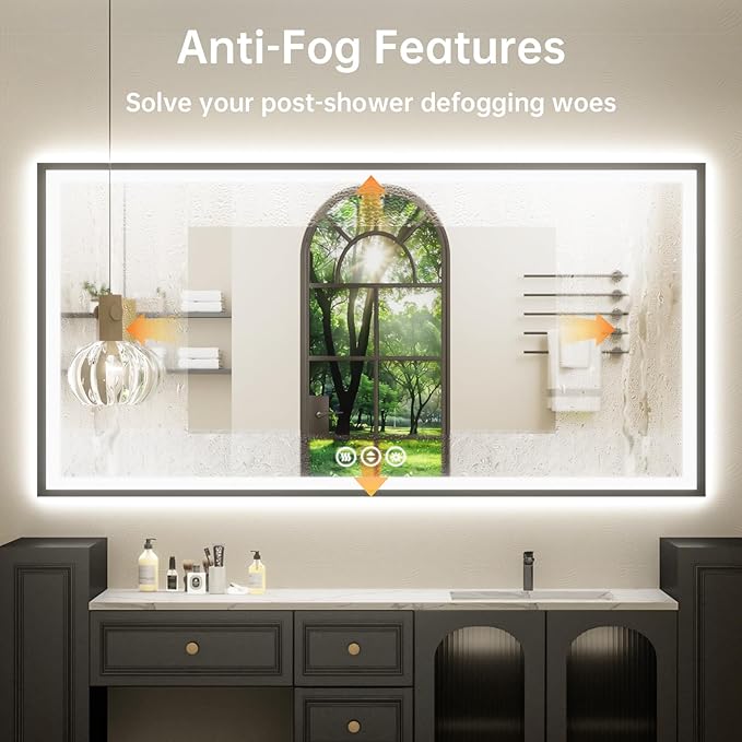 60x36 LED Bathroom Mirror with Lights, Black Aluminum Framed, Backlit + Front Lit, Lighted Bathroom Vanity Mirror for Wall, Anti-Fog, Memory Function, Dimmable, Shatterproof ETL Listed