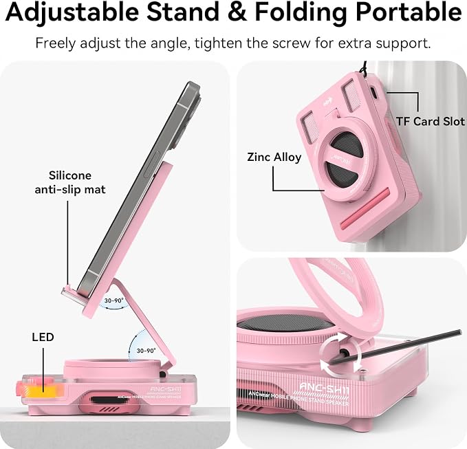 ANCwear Bluetooth Speaker Phone Stand for Desk, Portable Wireless Speaker with Adjustable Cell Phone Holder, Bluetooth 5.4 Audio Stand with TF Card Slot for Kitchen Bedside, Cool Tech Gift (Pink)