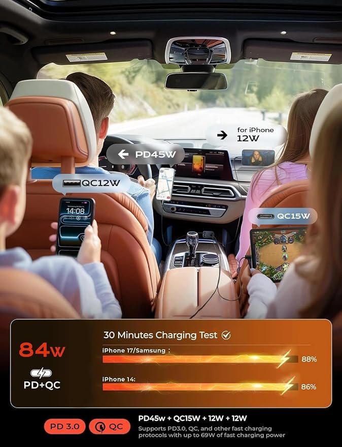 LISEN Retractable Car Charger, 84W Car Charger USB C Fast Charger Adapter, Car Accessories for Men Women, Gifts for Fathers Day for Men Dad Husband, for iPhone 17 16 15 14 13 12 Pro Max, Carbon-Grey | Multiple Ports Car Charger, Retractable Car Charger...