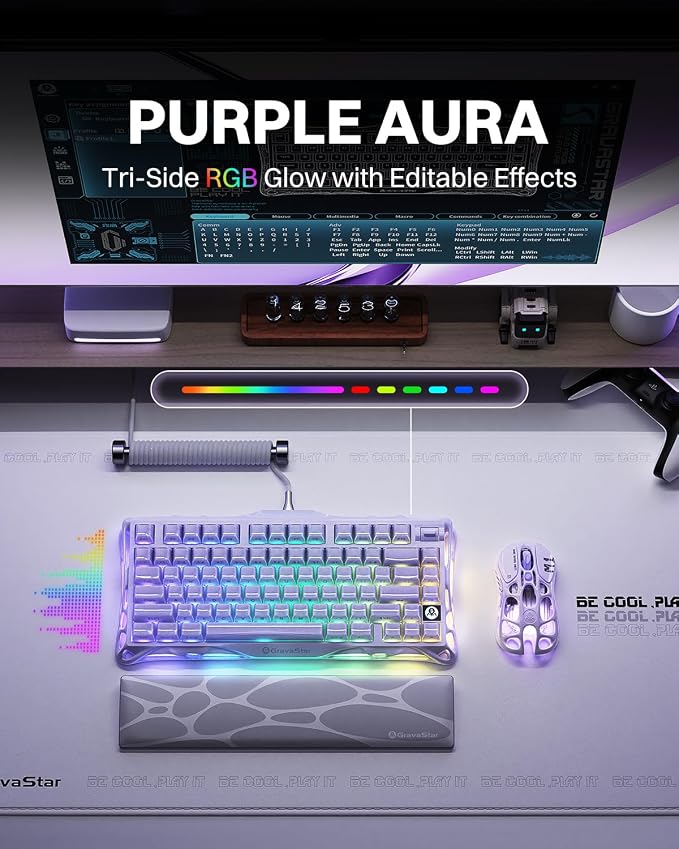 GravaStar Mercury K1 75% Wireless Mechanical Gaming Keyboard RGB Backlit | Gasket Mount, Hot Swappable Linear Switches, Creamy Sound Keyboard, 2.4GHz/USB-C/Bluetooth 5.0, for Win/Mac【Lavender Purple】