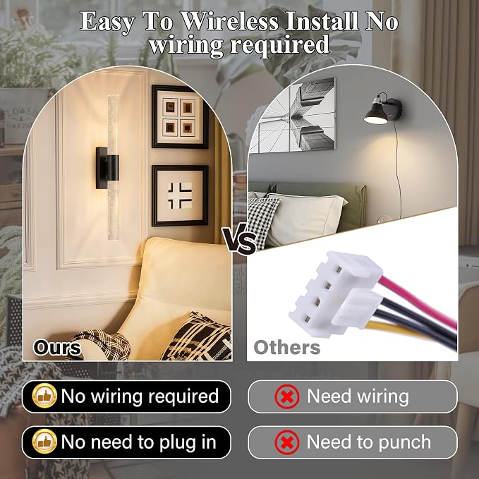 camuucci Battery Operated Wall Sconces Set of 2, Rechargeable Wall Lights | 12000mAh Long-Lasting Battery,Dimmable Cordless Sconce,No Wiring Needed for Bedroom,Living Room,Black 20.9-Inch