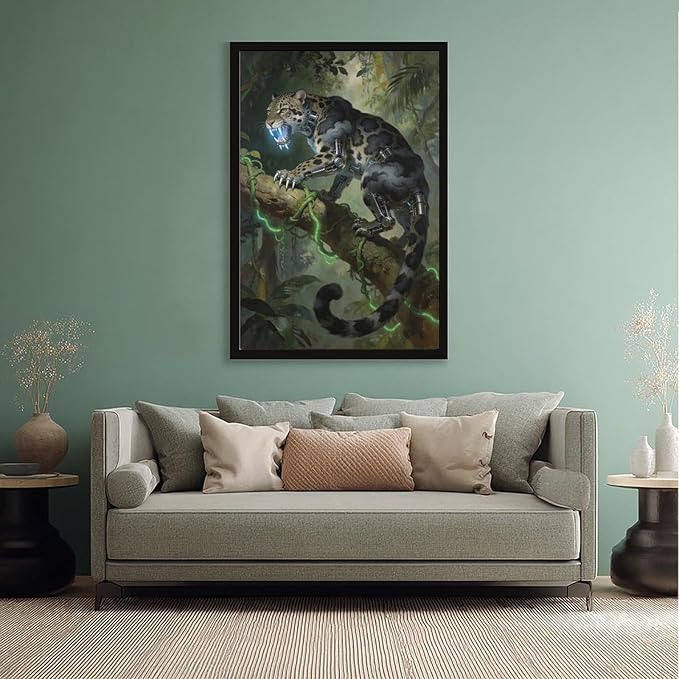 Framed Steampunk Mechanical Leopard Wall Art - Jungle Futuristic Beast Poster for Man Cave Living Room Decor 08x12in