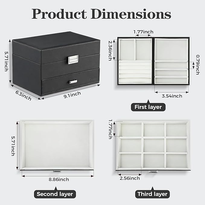 Jewelry Organizer Box, Large Jewelry Boxes for Women Girls, Space-Saving 3 Layers Jewelry Storage Case with Drawer, Movable Metal Stand, Modern, Gift Idea (Black)