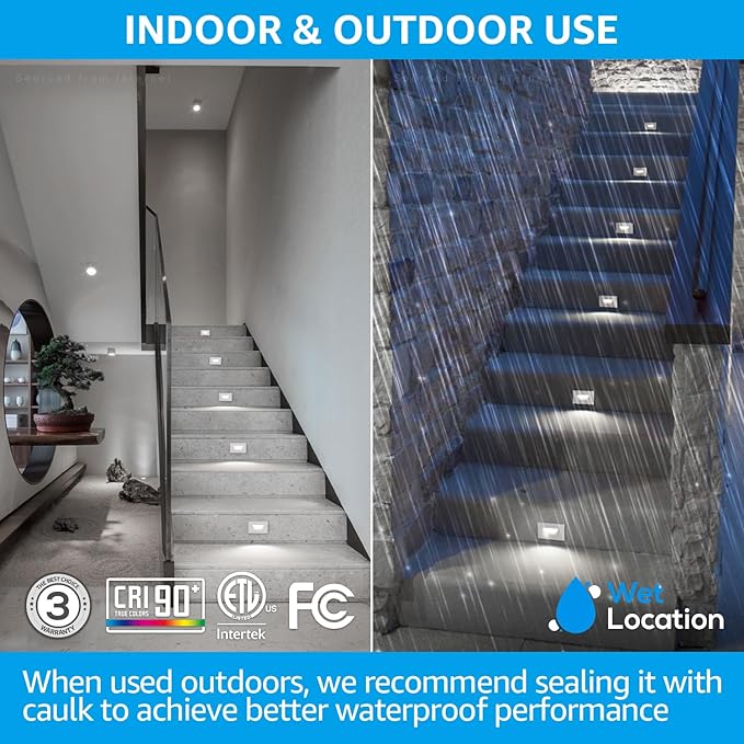 LEONLITE White 5CCT 120V LED Step Lights, 3.5W 150LM 5%-100% Dimmable Horizontal Stair Lights Indoor Outdoor Wet Location, CRI90+ & ETL, 2700K/3000K/3500K/4000K/5000K, Aluminum, Pack of 3