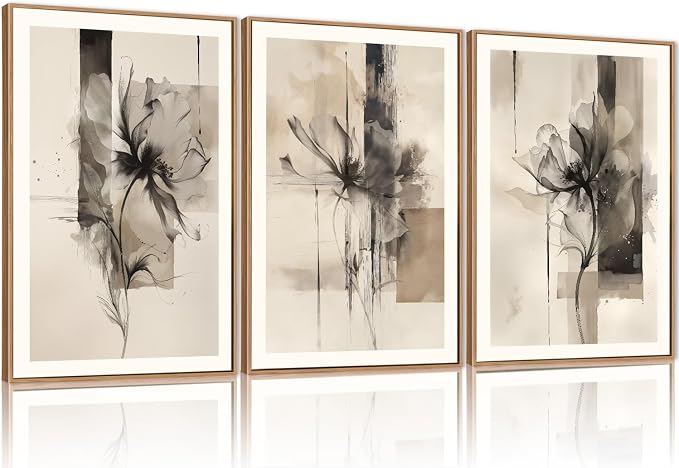FWIEXA Black Beige Floral Canvas Wall Art Set 3, Neutral Abstract Framed Prints, Brushstroke Geometry Line Paintings, 16x24In Watercolor Ink Artwork Poster for Farmhouse, Living Room, Bedroom, Office