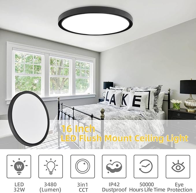 Led Flush Mount Ceiling Light,16 Inch 32w 3480lm,3000k/4000k/6000k 3CCT Selectable, Round Modern Flat Panel Super Slim Led Ceiling Light,for Living Dining Kitchen Bedroom Room (2Pack-Black)