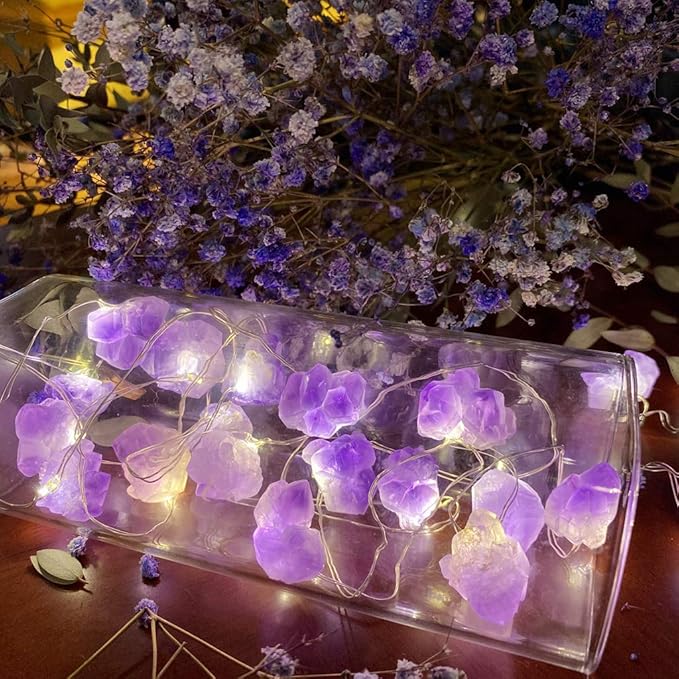 Genuine Amethyst Crystal Decorative Lights Cute Fairy String Lights 10ft 30 Natural Stones with Remote for Bedroom Hanging Ornaments Reiki Party Night Light Wedding Room Décor Mother's Day Gift