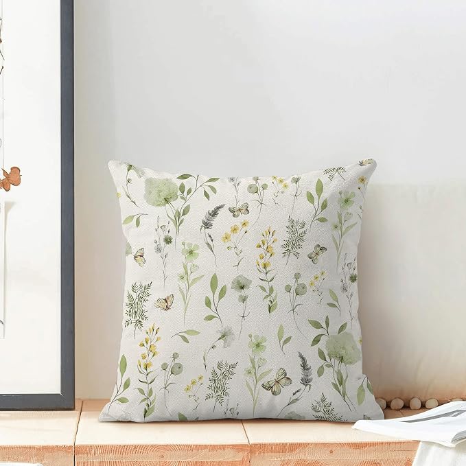 AEIOAE Spring Pillow Covers 20x20 Inch Set of 2, Sage Green Yellow Wild Flower Throw Pillows Case,Colorful Seasonal Floral Plant Outdoor Decorative Farmhouse Decor Cushion Covers for Sofa Bed Couch