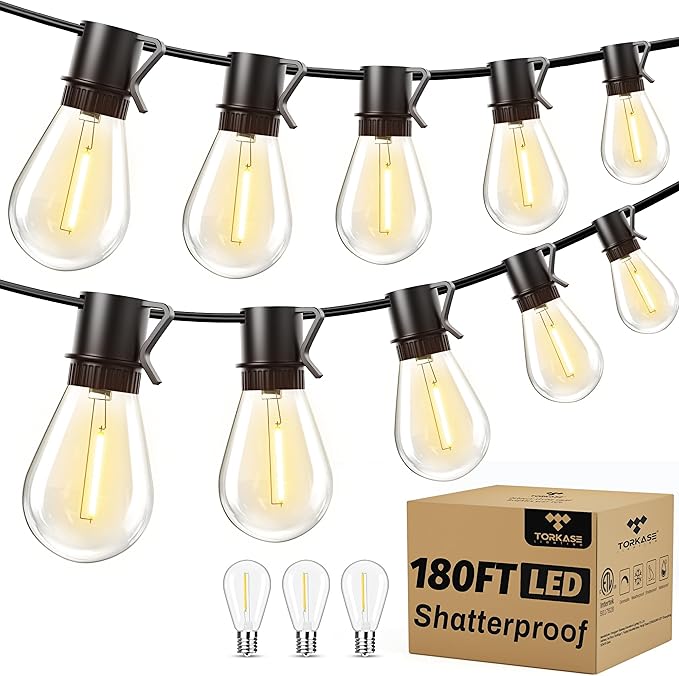 Torkase Outdoor String Lights 180FT, Patio Lights with 53 Dimmable S14 Plastic Bulbs 2 Spare, 2200K Waterproof Connectable Hanging Lights for Backyard Porch Cafe Party Decor