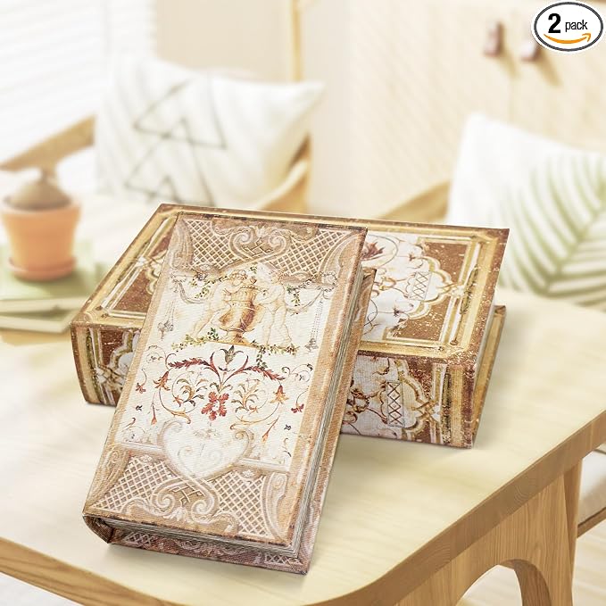 Decorative Book Boxes Set of 2 Magnetic Lock Faux Wooden Storage Book Box | Coffee Table Books Decor Retro Style Fabric Cover,Hidden Storage Secret Keepsake,Jewelry Trinket,Cash