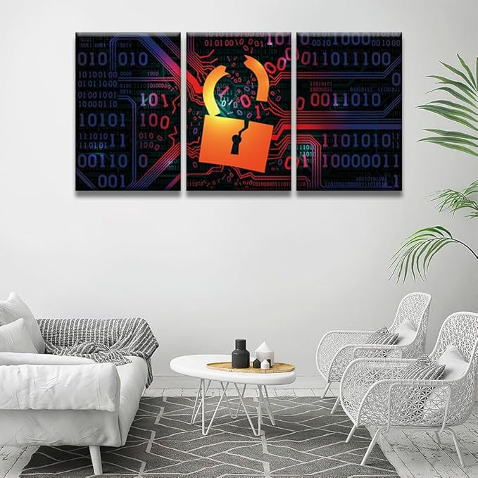 LSIUHWUWI 3 Panel Canvas Wall Art Hacking Firewall Hacked with Binary Code Posters and Prints for Living Room Wall Decoration, AI Artwork Giclee Wooden Framed Ready to Hang, 16x24inchx3