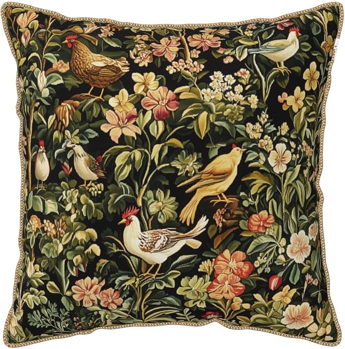Vintage Birds Floral Velvet Pillow Cover 18x18 Inch Green Leaf Red Flowers Throw Pillows for Couch Farmhouse Cushion Covers Chicken Pillowcase Black Chinoiserie Pillow Case for Sofa Bed Outdoor Decor