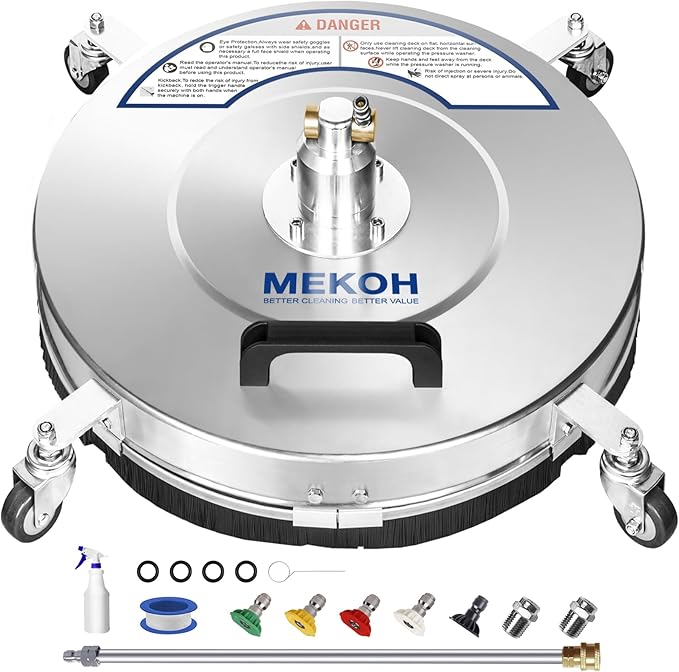 MEKOH 18" Pressure Washer Surface Cleaner 4500 PSI，4 Wheels Stainless Steel Power Washer Attachment for Driveway Sidewalk Patio Concrete Cleaning, 1/4'' Quick-Connect, 1 Extension Wand&5 Spray Nozzles
