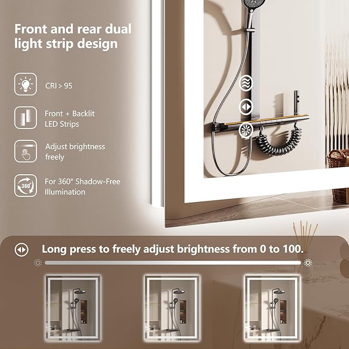 72x36 LED Bathroom Mirror with Lights - Dimmable, Anti-Fog, 3 Color Backlit & Front Lit Mirror for Bathroom, Shatter-Proof Tempered Glass, Easy Installation