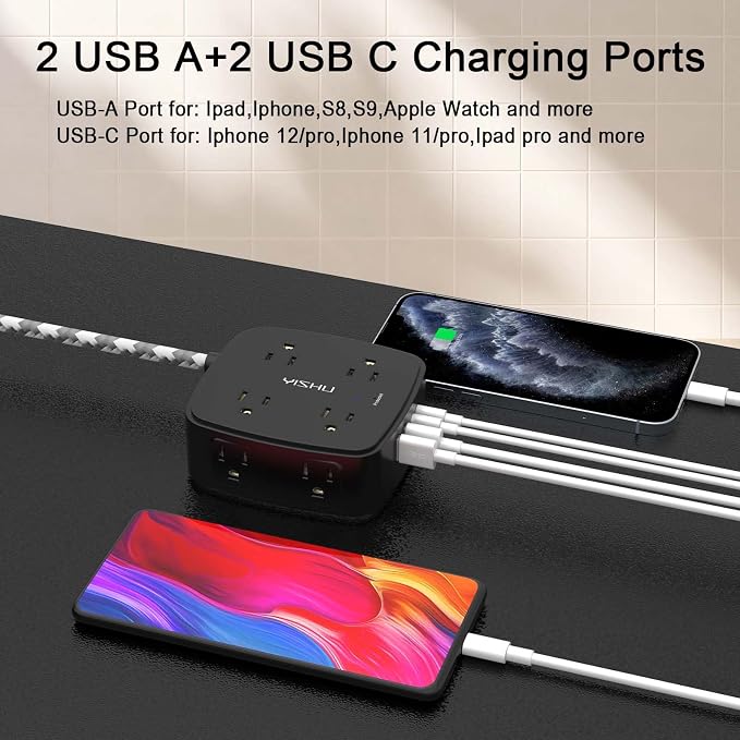Surge Protector Power Strip - YISHU 8 Outlets with 4 USB (2 USB C) Charging Ports, 10Ft Braided Extension Cord, Flat Plug Multi Plug Outlet Extender Charging Station for Home Office, ETL, Black