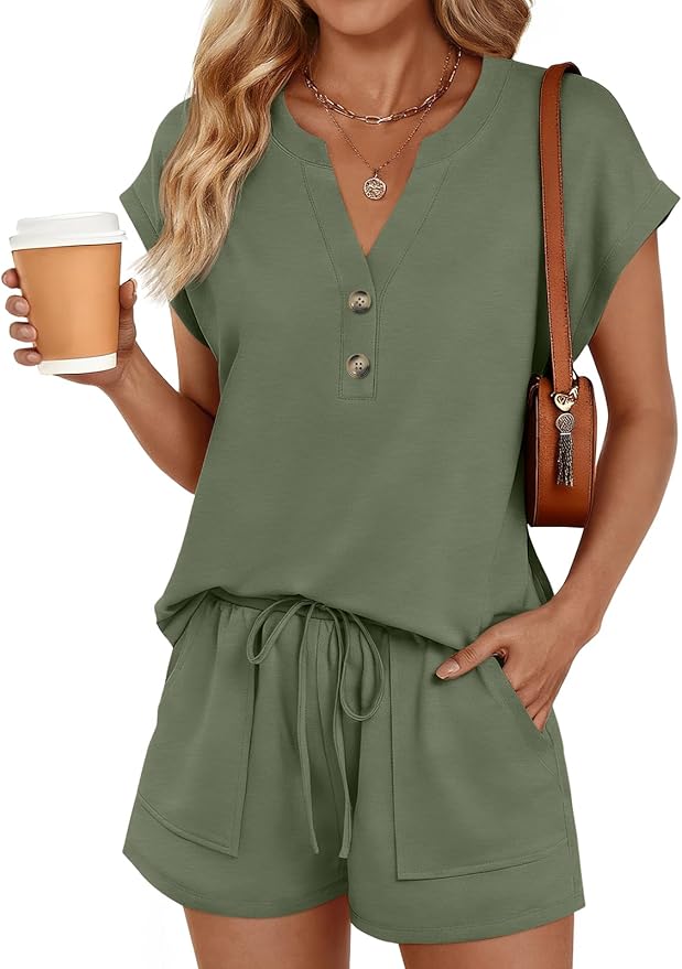 LILLUSORY 2 Piece Summer Set 2026 Henley Top & Drawstring Shorts with Pockets