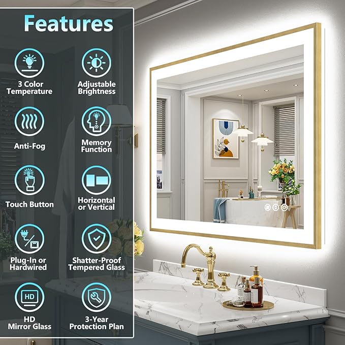 44x32 Gold LED Bathroom Mirror with Lights, Brushed Gold Framed Backlit and Front Lit Anti-Fog Lighted Vanity Mirrors for Bathroom Wall, Dimmable, 3 Colors, Memory, HD Tempered Glass, CRI＞90