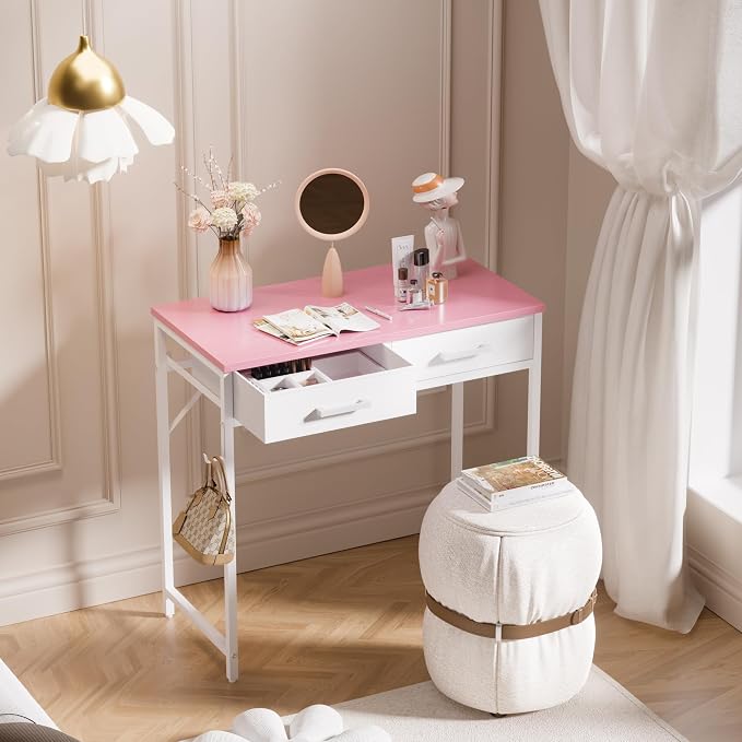 Pamray 32 Inch Small Computer Desk with 2 Drawers for Bedroom Study Writing Home Office Table for Small Spaces Pink