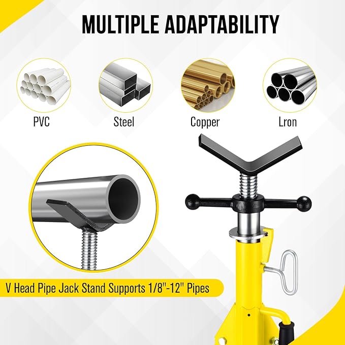 V Head Pipe Jack Stand, Heavy Duty Pipe Stand, 2500LB Jack Stands Carbon Steel with Portable Folding Legs 28-52 Inch Height Adjustable 1/8"-12" Capacity