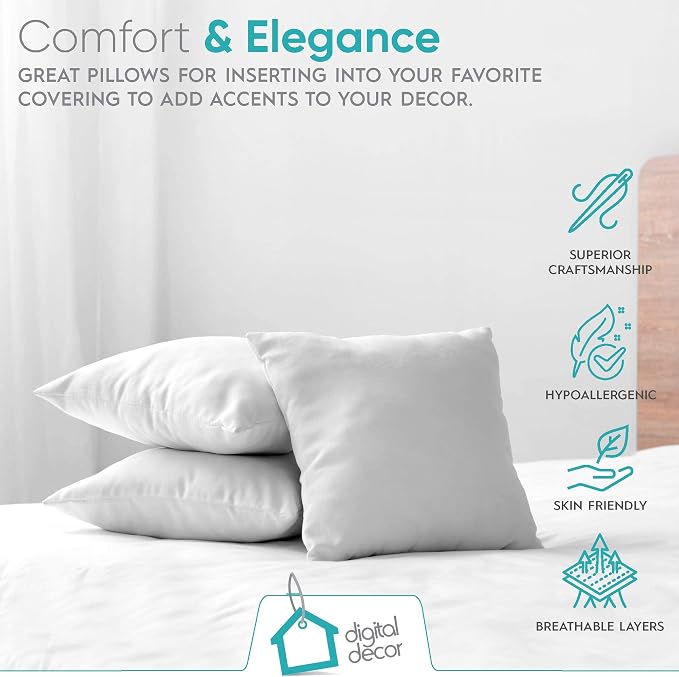 Digital Decor Decorative Throw Pillow Insert 26x26, Extra-Full Down Alternative Hypoallergenic Pillow Form for Sofa, Couch & Bed, Made in USA Square Cushion Insert, White, 1 Pack