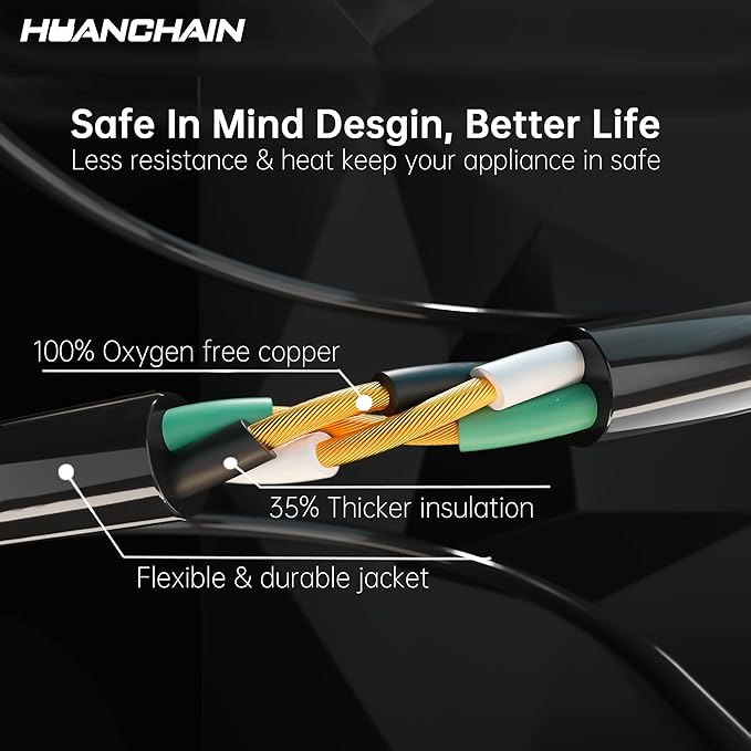 HUANCHAIN Indoor Outdoor Black Extension Cord 20 ft Waterproof, 16/3 Gauge Flexible Cold-Resistant Appliance Extension Cord Outside, 13A 1625W 16AWG SJTW, 3 Prong Electric Cable, ETL
