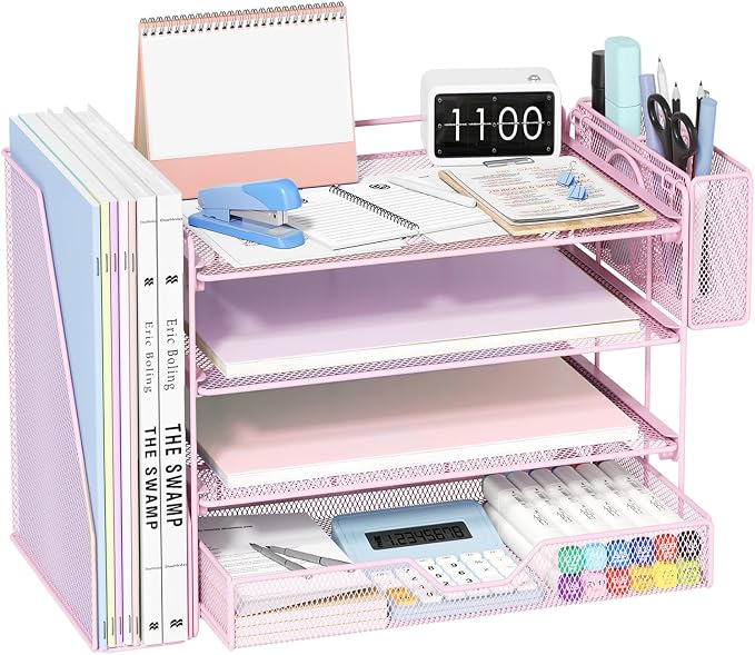 OPNICE Desk Organizers and Accessories, 4-Tier Desktop File Organizer with Drawer and Pen Holders, Office Desk Accessories Workspace Organizers for Office Supplies (Pink)