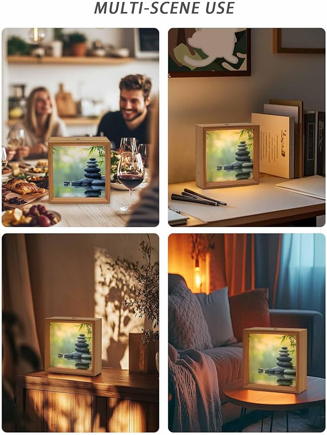 Wood Night Light Box 6.5x6.5in,Zen Meditation Stone Lake Table Lights Wooden Picture Frame with USB Rechargeable Touch LED Lights for Home Decor Desktop Display,Nature Landscape Still Life