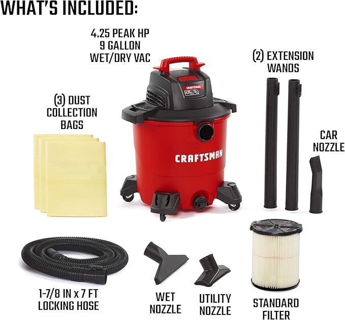 CRAFTSMAN CMXEVBE17590 9 Gallon 4.25 Peak HP Wet/Dry Vac, Portable Shop Vacuum with Attachments and Additional Dust Collection Bags