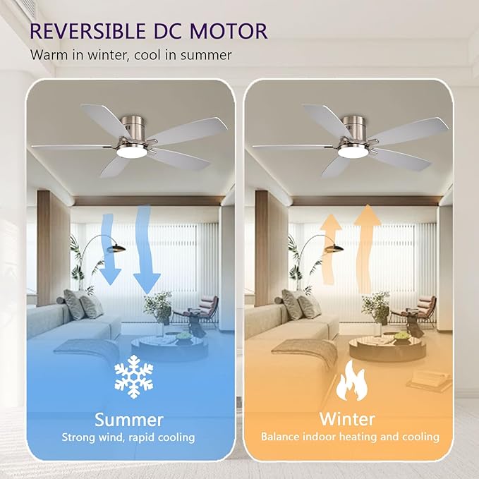 52 inch Ceiling Fans with Lights, Flush Mount Ceiling Fan with Light and Remote/APP Control, DC Motor, Dimmable LED, Noiseless, Low Profile Ceiling Fan for Bedroom Indoor/Outdoor Use (Nickel