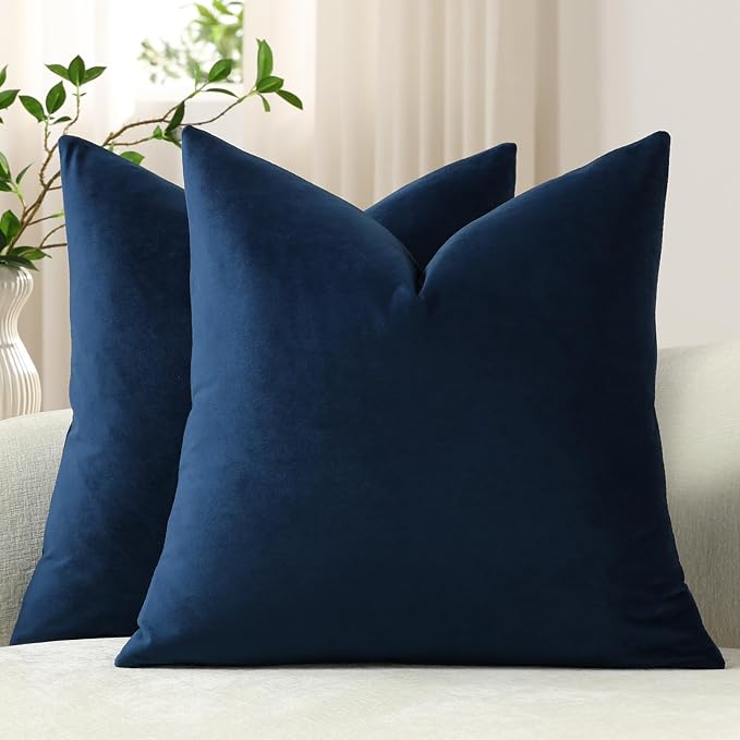 Euro Sham Covers 26x26 Midnight Blue: Pack of 2 Cozy Soft Velvet Square Modern Luxury Decorative Throw Pillow Cases for Sofa Couch Living Room Bed Home Decor