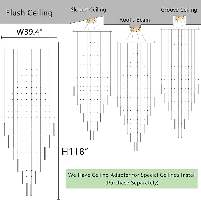 W40 x H120 Glam Chandelier with LED Bulbs Square Chandeliers, Crystal Raindrop High Ceiling Pendant Light for Entrance Large Villa Foyer Lighting Fixtures Gold